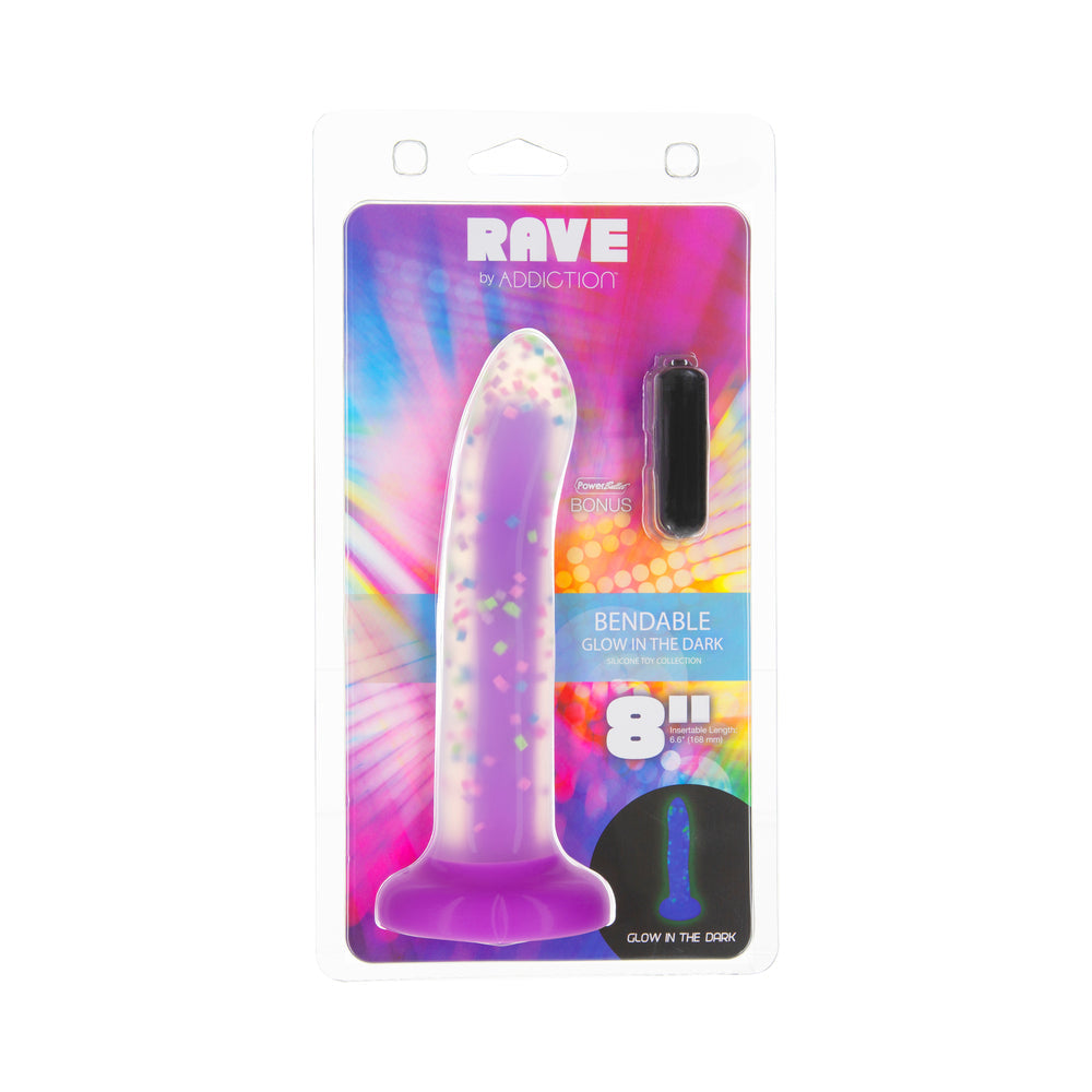 Addiction Rave 8 in. Bendable Glow-in-the-Dark Silicone Dildo – Purple Confetti