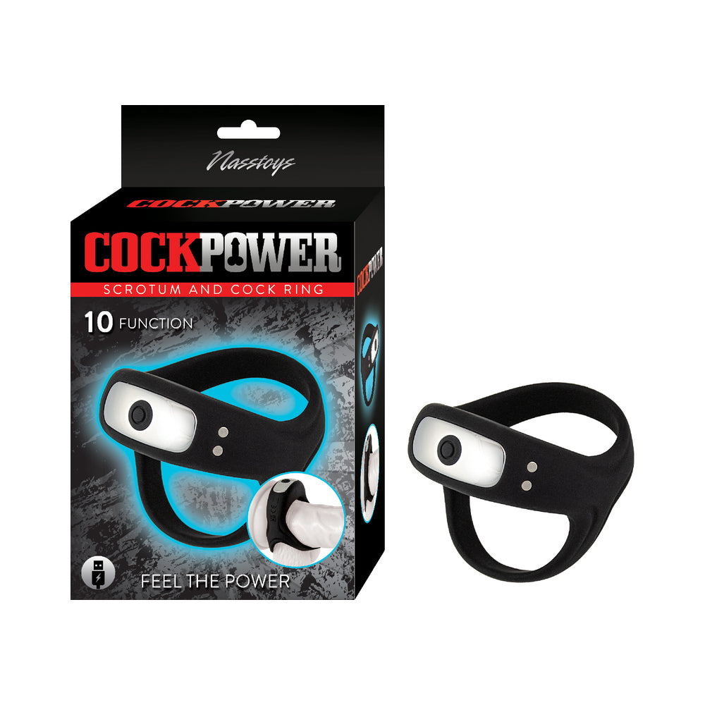 Nasstoys Cock Power Scrotum and Cock Ring – Black – USB Rechargeable with 10 Vibrating Functions