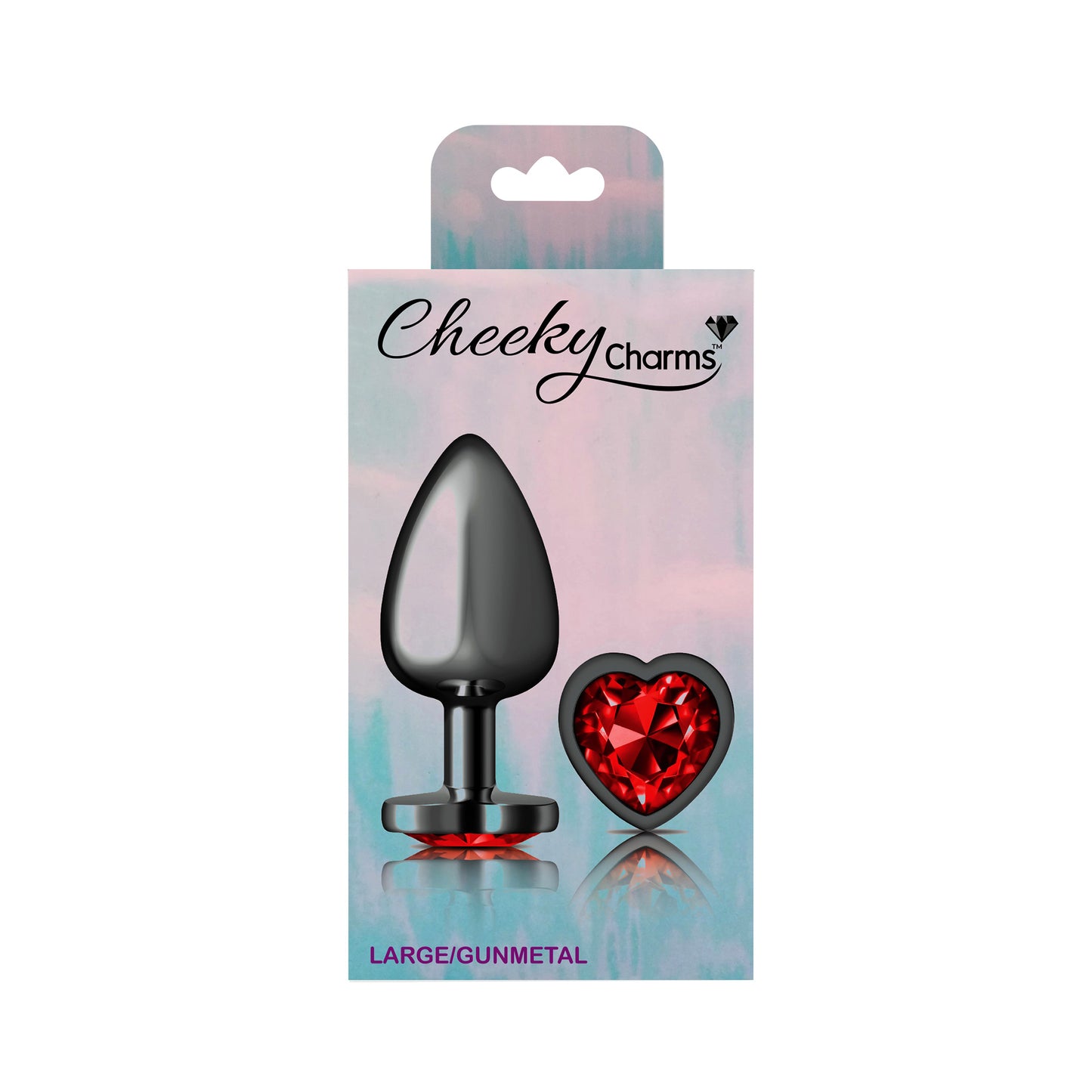 Cheeky Charms Large Gunmetal Metal Anal Plug with Deep Red Heart Gemstone
