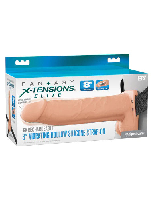 Pipedream Fantasy X-Tensions Elite 8" Vibrating Hollow Silicone Strap-On - Beige