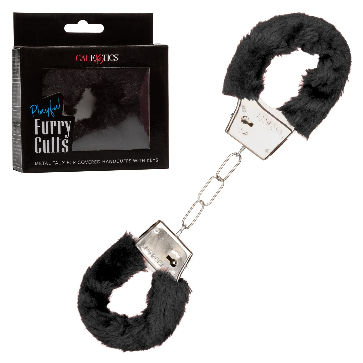 CalExotics Playful Furry Cuffs - Black Metal Handcuffs with Faux Fur
