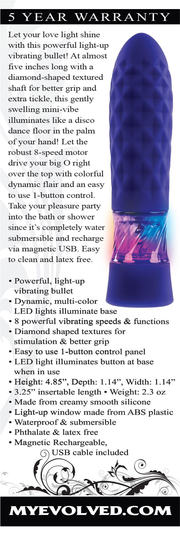 Evolved Novelties Raver Purple Light-Up Vibrating Bullet – 8-Speed Waterproof