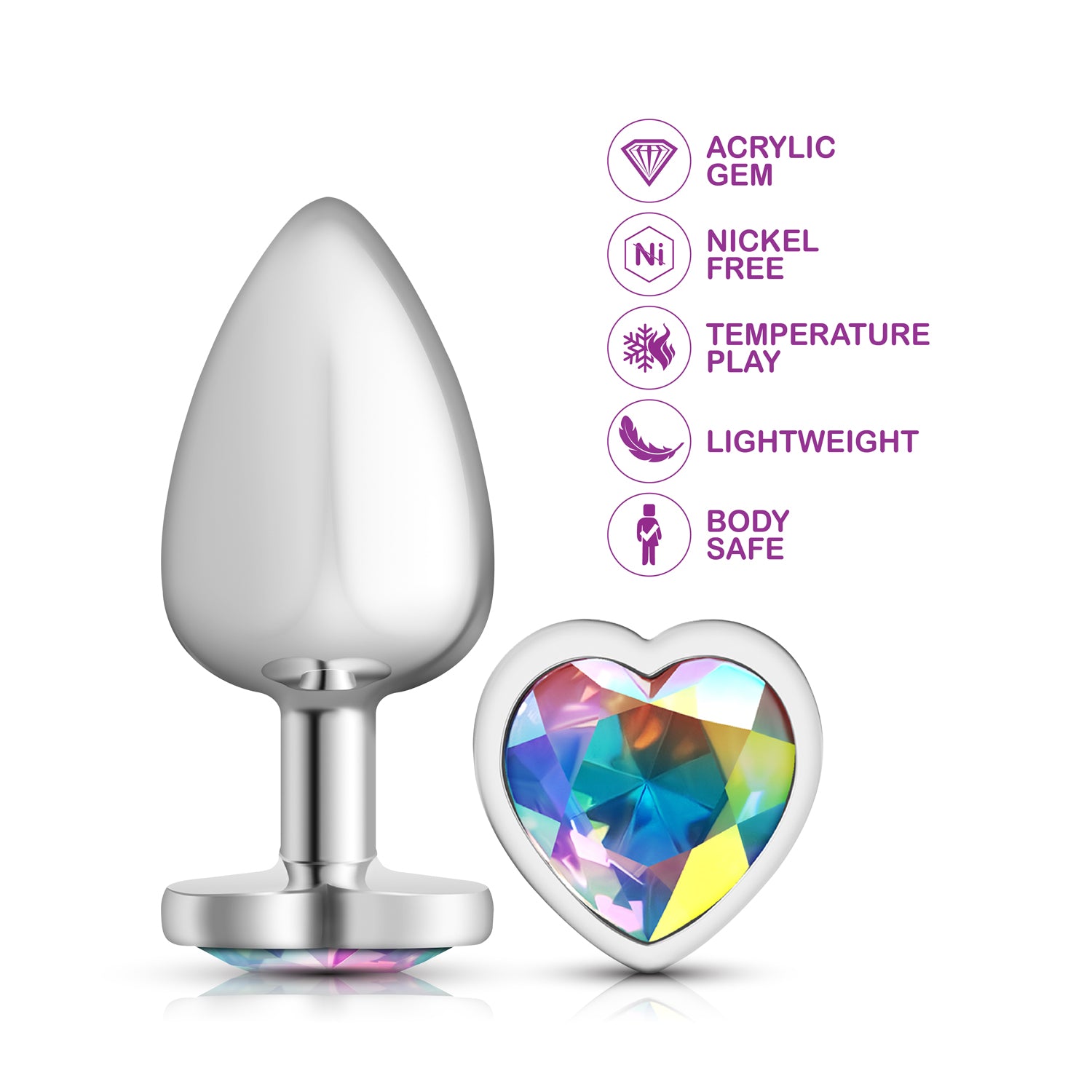 Cheeky Charms Clear Iridescent Heart Gem Large Anal Plug - Silver