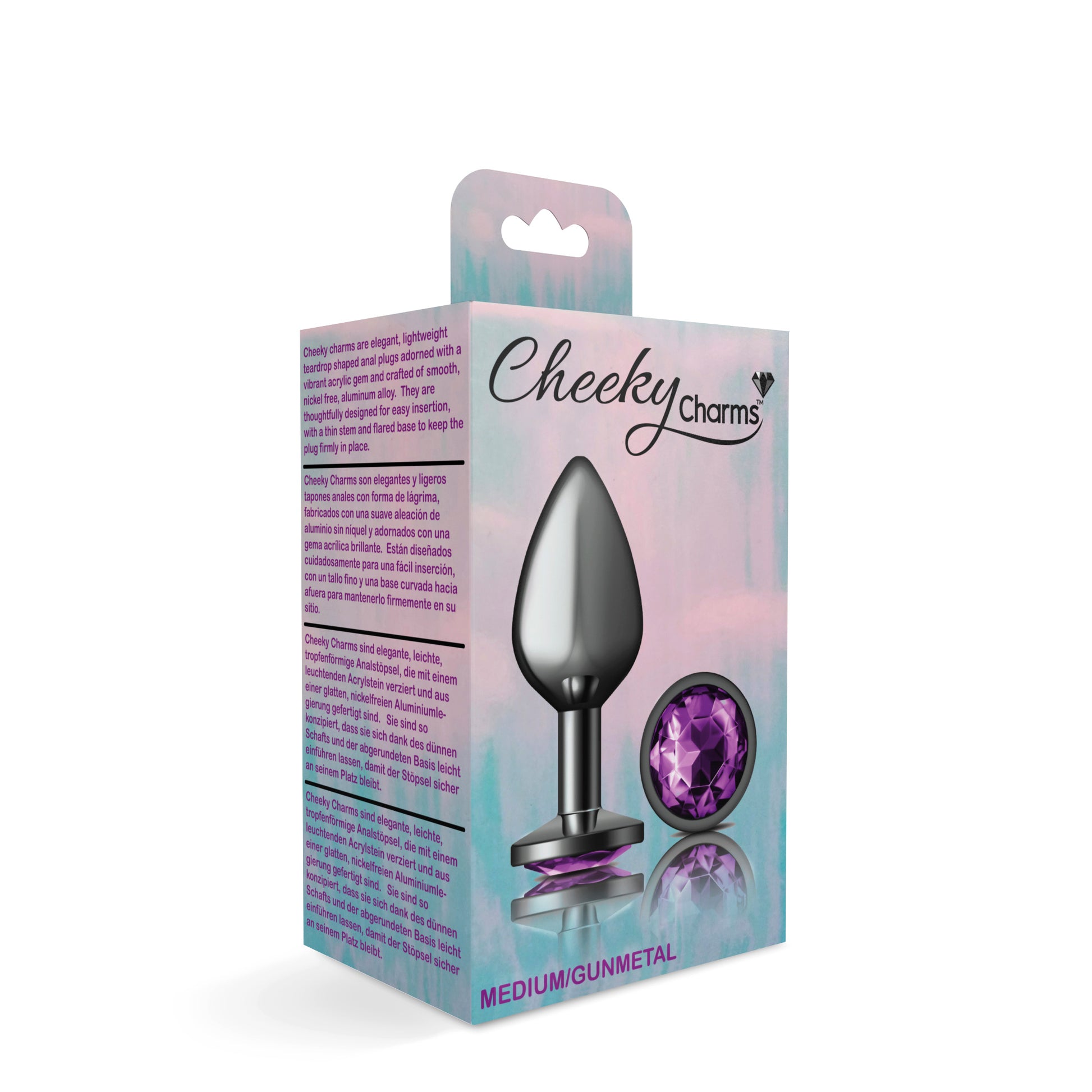 Cheeky Charms Medium Gunmetal Teardrop Anal Plug with Deep Purple Gemstone