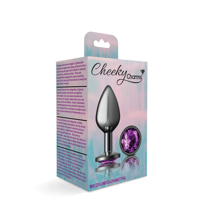 Cheeky Charms Medium Gunmetal Teardrop Anal Plug with Deep Purple Gemstone