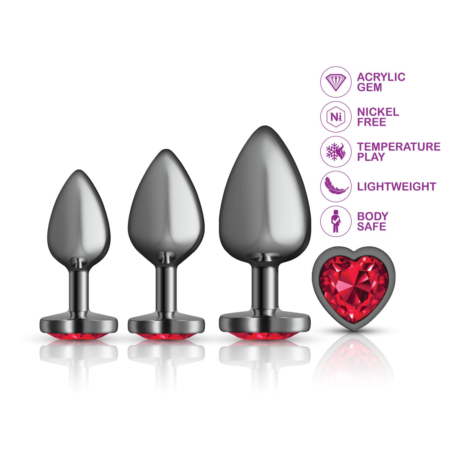 Viben Red Heart Gem Anal Trainer Kit – Gunmetal – Includes Small, Medium, and Large Plugs