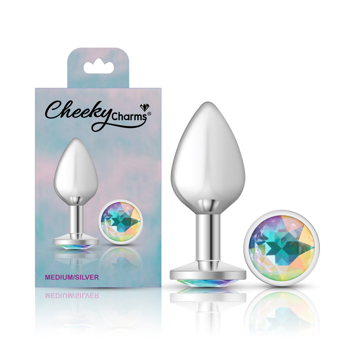Cheeky Charms Medium Silver Metal Anal Plug with Clear Iridescent Gemstone