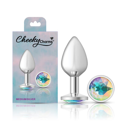 Cheeky Charms Medium Silver Metal Anal Plug with Clear Iridescent Gemstone