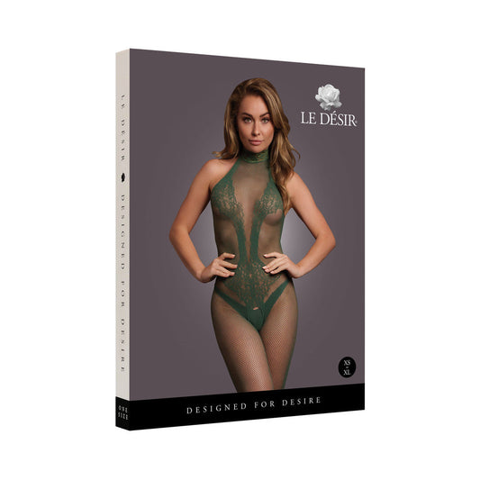 Le Desir Fishnet and Lace Bodystocking – Midnight Green – O/S
