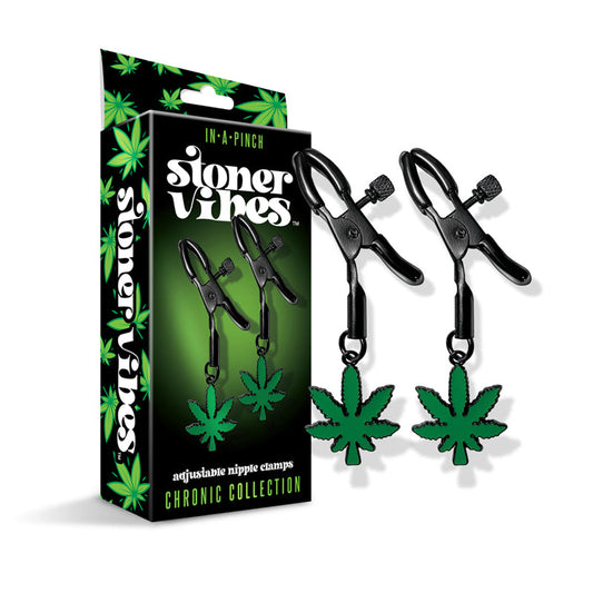 Stoner Vibes Chronic Collection Adjustable Nipple Clamps with Cannabis Charm - Green