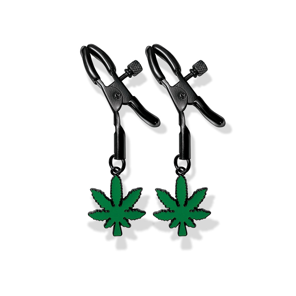 Stoner Vibes Chronic Collection Adjustable Nipple Clamps with Cannabis Charm - Green