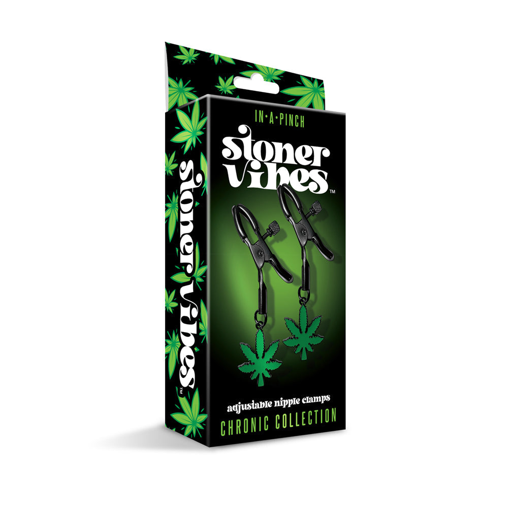 Stoner Vibes Chronic Collection Adjustable Nipple Clamps with Cannabis Charm - Green