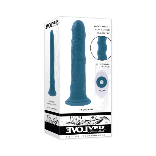 Evolved Tsunami Rechargeable Vibrating Dildo – Teal with Suction Cup Base