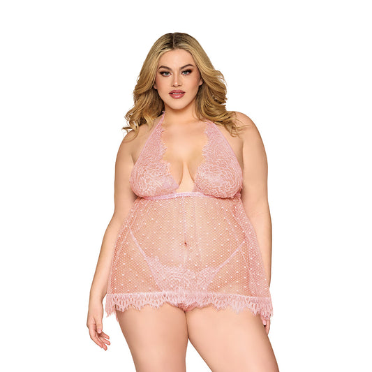 Dreamgirl Lace and Polka Dot Mesh Babydoll with G-String – Rose Quartz