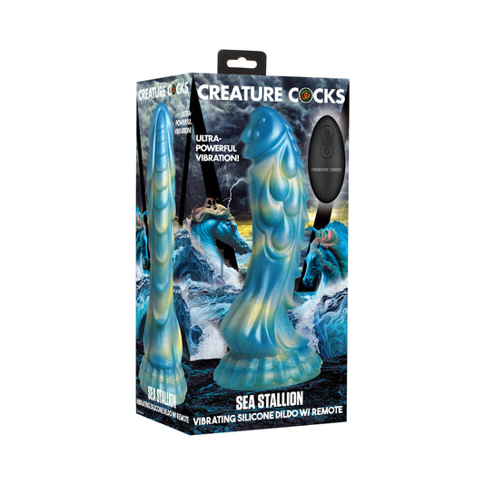 Creature Cocks Sea Stallion Vibrating Silicone Dildo with Remote Control – Blue and Yellow