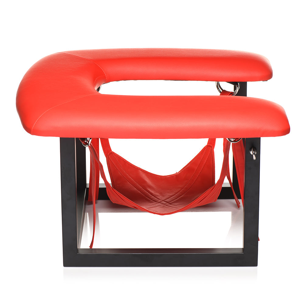 Master Series Face Rider Queening Chair – Red Vegan Leather Stool with Removable Head Sling