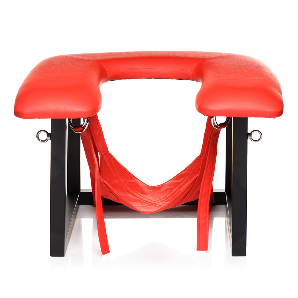 Master Series Face Rider Queening Chair – Red Vegan Leather Stool with Removable Head Sling