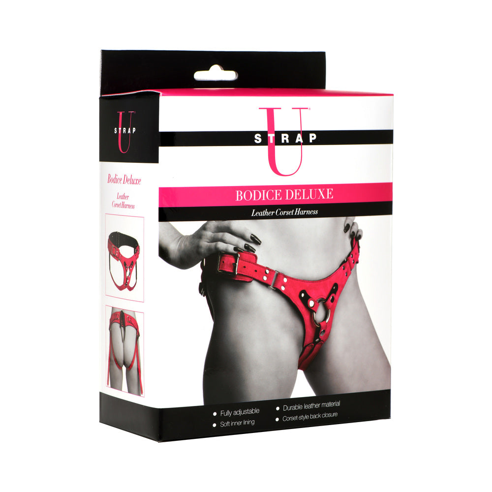 XR Brands Strap U Bodice Deluxe Leather Corset Harness – Adjustable Hot Pink