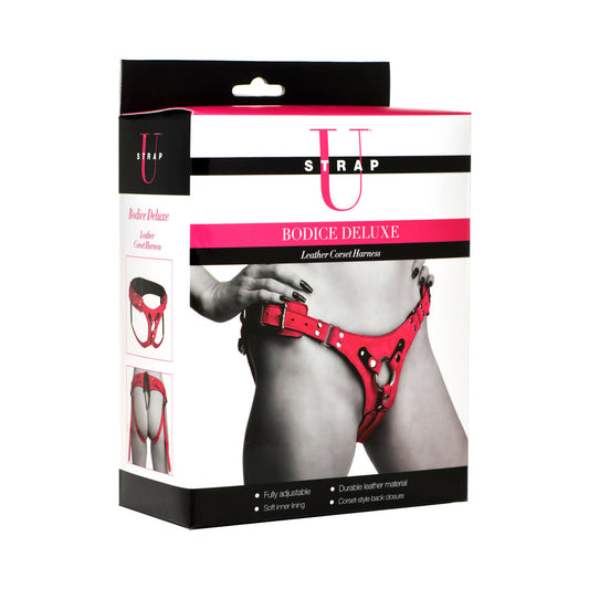 XR Brands Strap U Bodice Deluxe Leather Corset Harness – Adjustable Hot Pink