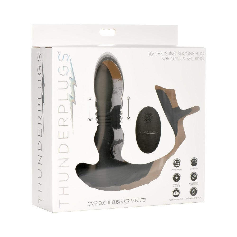 Thunderplugs 10X Thrusting Silicone Vibrator with Cock & Ball Strap – Black