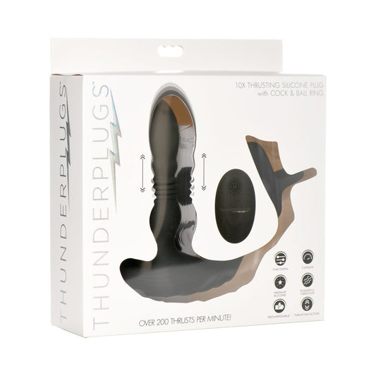 Thunderplugs 10X Thrusting Silicone Vibrator with Cock & Ball Strap – Black
