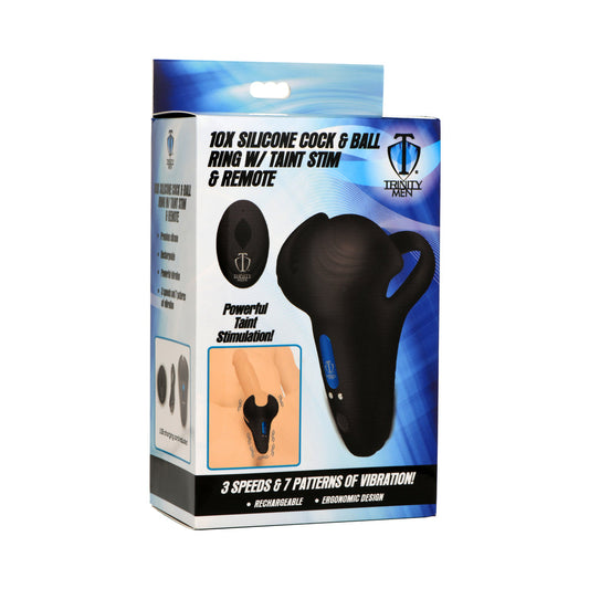 Trinity Men 10X Silicone Cock & Ball Ring with Taint Stim and Remote Control - Black