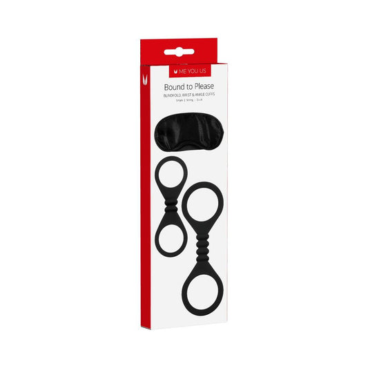Me You Us Bound To Please Bondage Set – Black – Wrist and Ankle Cuffs with Blindfold