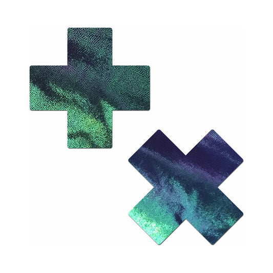 Pastease Plus X Liquid Black Opal Iridescent Cross Nipple Pasties – Green
