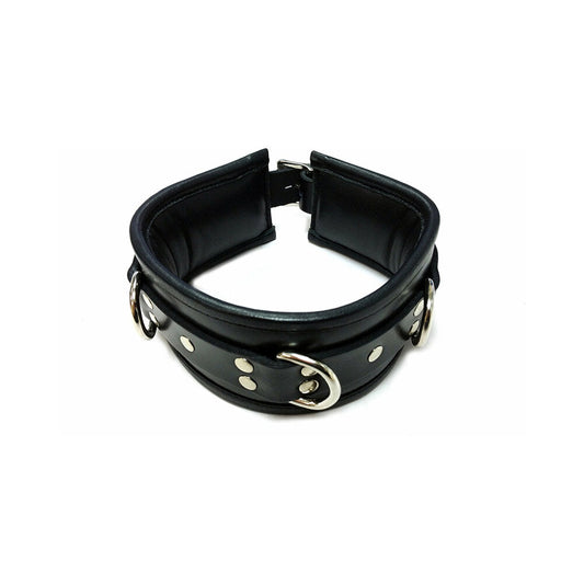 Rouge Leather Padded Collar – Black Leather Collar with 3 D-Rings