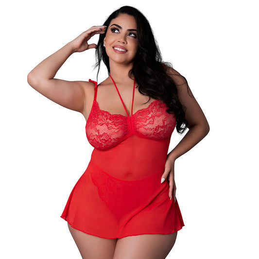 Magic Silk Sugar High Babydoll & Thong Set – Sheer Mesh with Lace Cups – Red – Queen Size