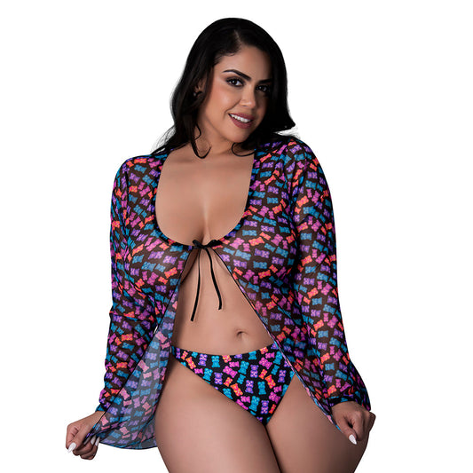 Magic Silk Hazy Dayz Tie Front Jacket & Thong Set – Multi-Color, Queen Size
