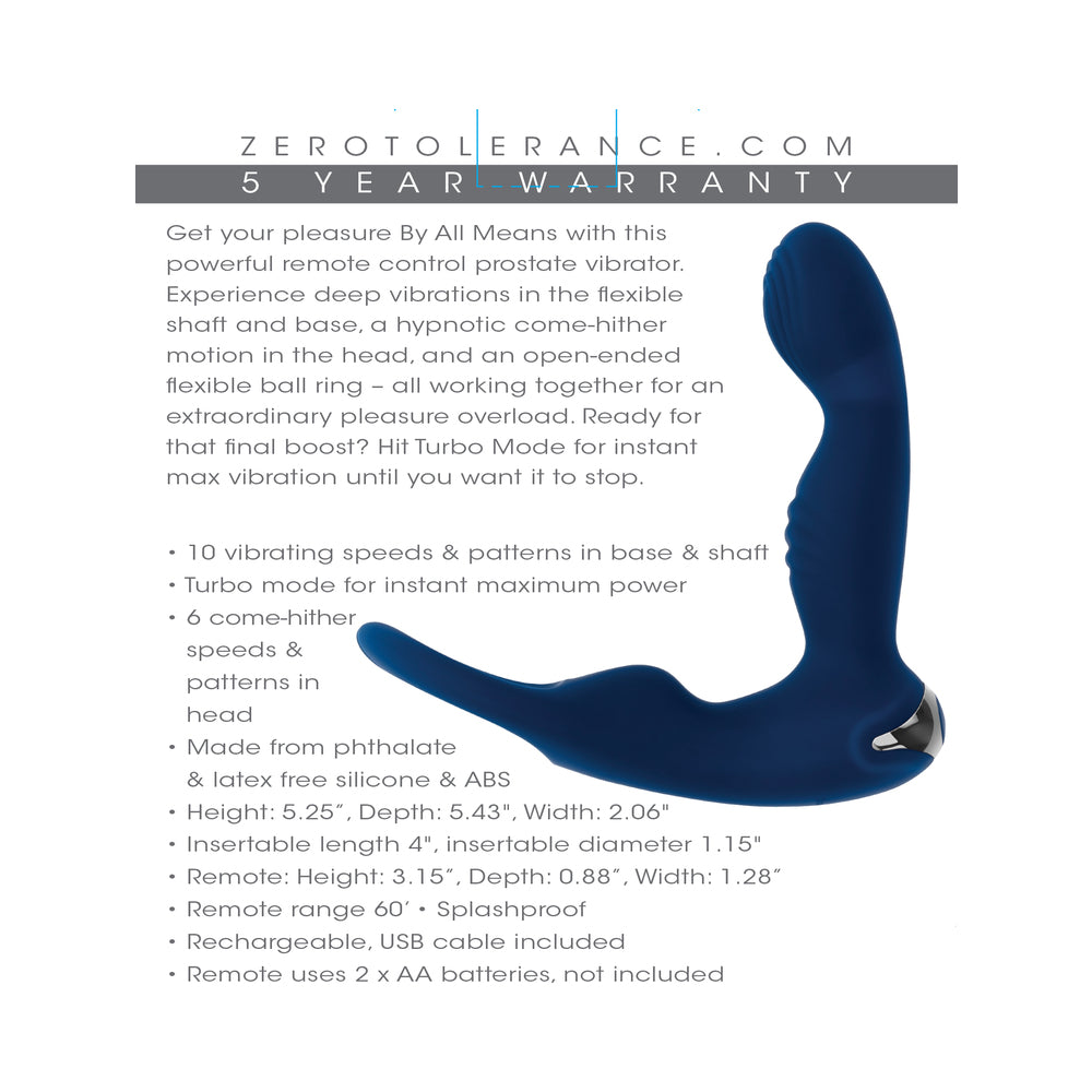 Zero Tolerance By All Means Rechargeable Prostate Vibrator with Remote – Blue