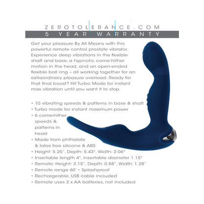 Zero Tolerance By All Means Rechargeable Prostate Vibrator with Remote – Blue