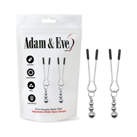 Adam & Eve Eve's Naughty Nipple Clips – Adjustable Metal Clamps with Weighted Beads – Silver