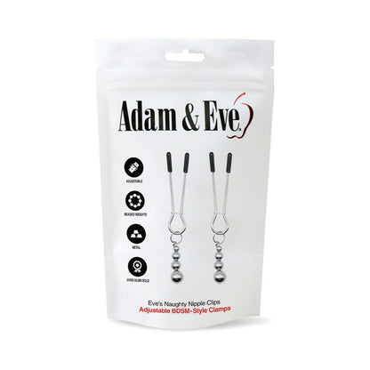 Adam & Eve Eve's Naughty Nipple Clips – Adjustable Metal Clamps with Weighted Beads – Silver