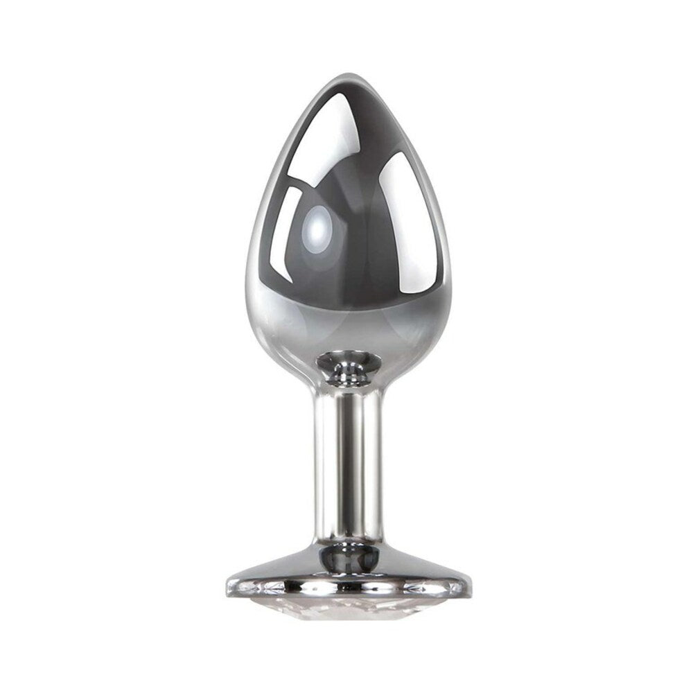 Adam & Eve Medium Clear Gem Anal Plug – Polished Aluminum with Pink Jewel