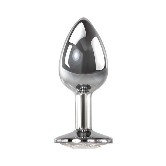 Adam & Eve Medium Clear Gem Anal Plug – Polished Aluminum with Pink Jewel