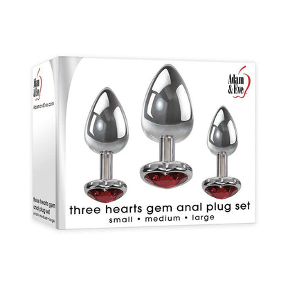 Adam & Eve Three Hearts Gem Anal Plug Set – Metal Anal Plugs with Jeweled Heart Bases – Red