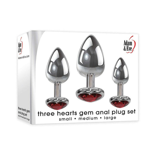 Adam & Eve Three Hearts Gem Anal Plug Set – Metal Anal Plugs with Jeweled Heart Bases – Red