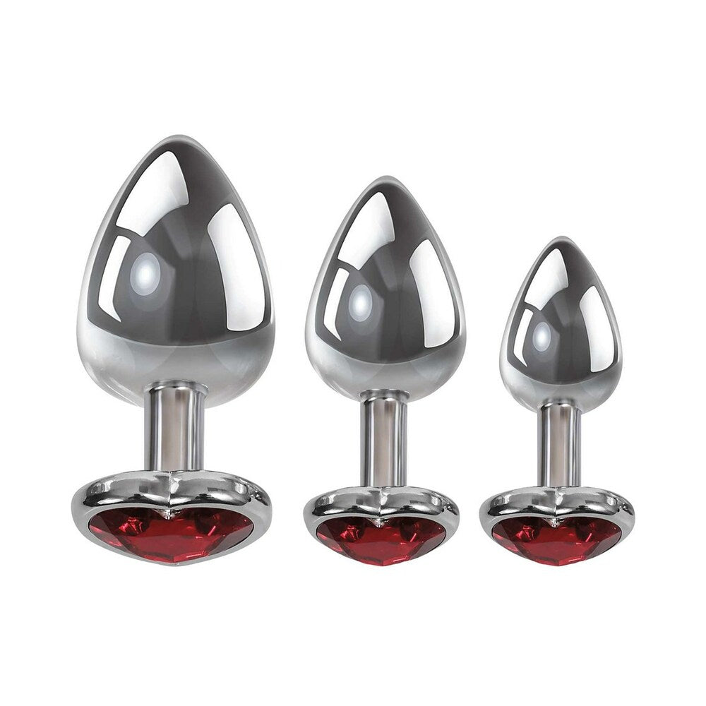 Adam & Eve Three Hearts Gem Anal Plug Set – Metal Anal Plugs with Jeweled Heart Bases – Red