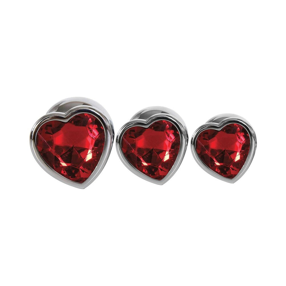 Adam & Eve Three Hearts Gem Anal Plug Set – Metal Anal Plugs with Jeweled Heart Bases – Red