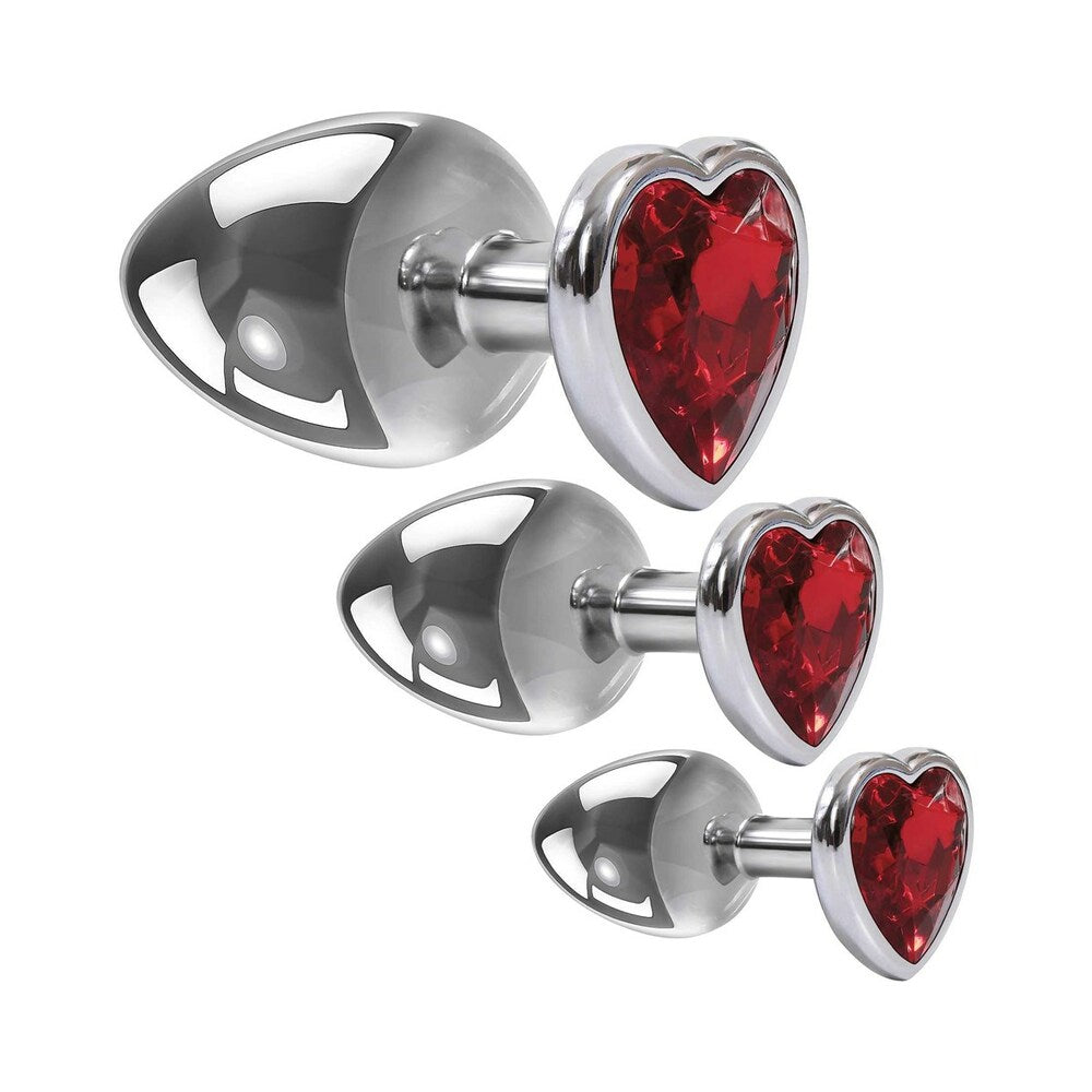 Adam & Eve Three Hearts Gem Anal Plug Set – Metal Anal Plugs with Jeweled Heart Bases – Red