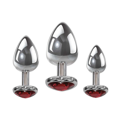 Adam & Eve Three Hearts Gem Anal Plug Set – Metal Anal Plugs with Jeweled Heart Bases – Red