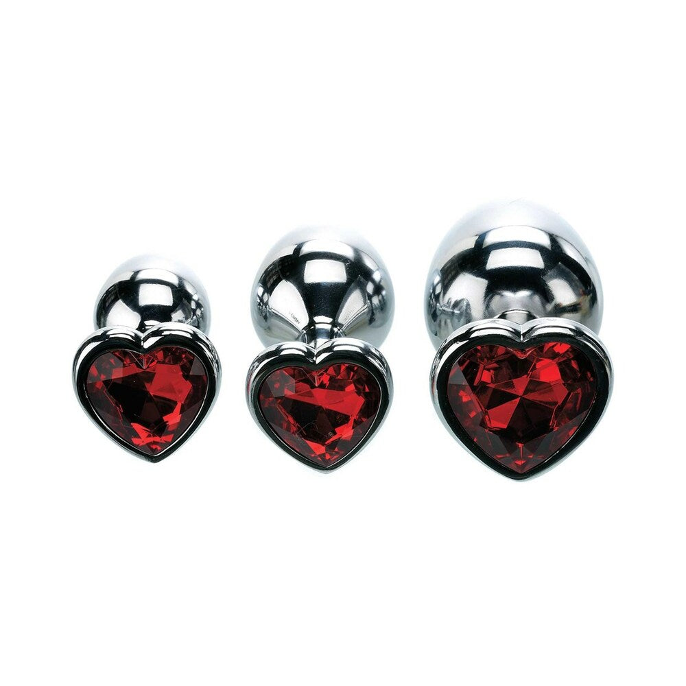 Adam & Eve Three Hearts Gem Anal Plug Set – Metal Anal Plugs with Jeweled Heart Bases – Red