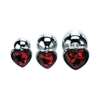 Adam & Eve Three Hearts Gem Anal Plug Set – Metal Anal Plugs with Jeweled Heart Bases – Red