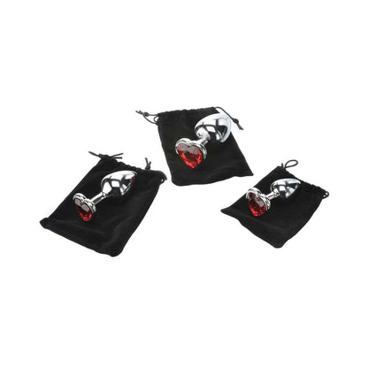 Adam & Eve Three Hearts Gem Anal Plug Set – Metal Anal Plugs with Jeweled Heart Bases – Red