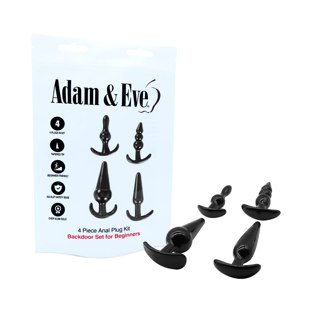 Adam & Eve 4-Piece Anal Plug Kit – Black – Includes Bubble, Ribbed, Smooth, and Ball Plugs
