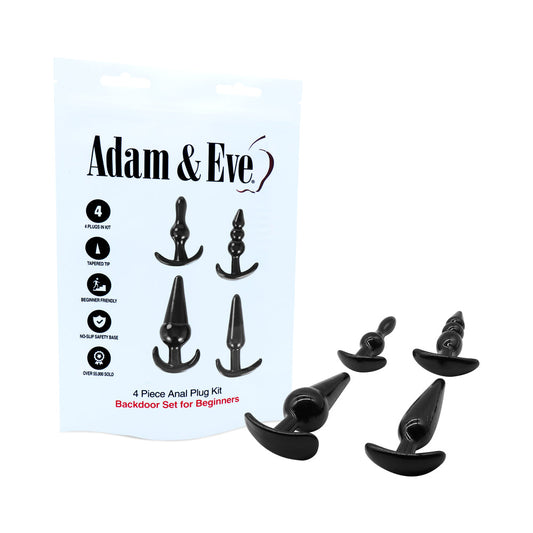 Adam & Eve 4-Piece Anal Plug Kit – Black – Includes Bubble, Ribbed, Smooth, and Ball Plugs