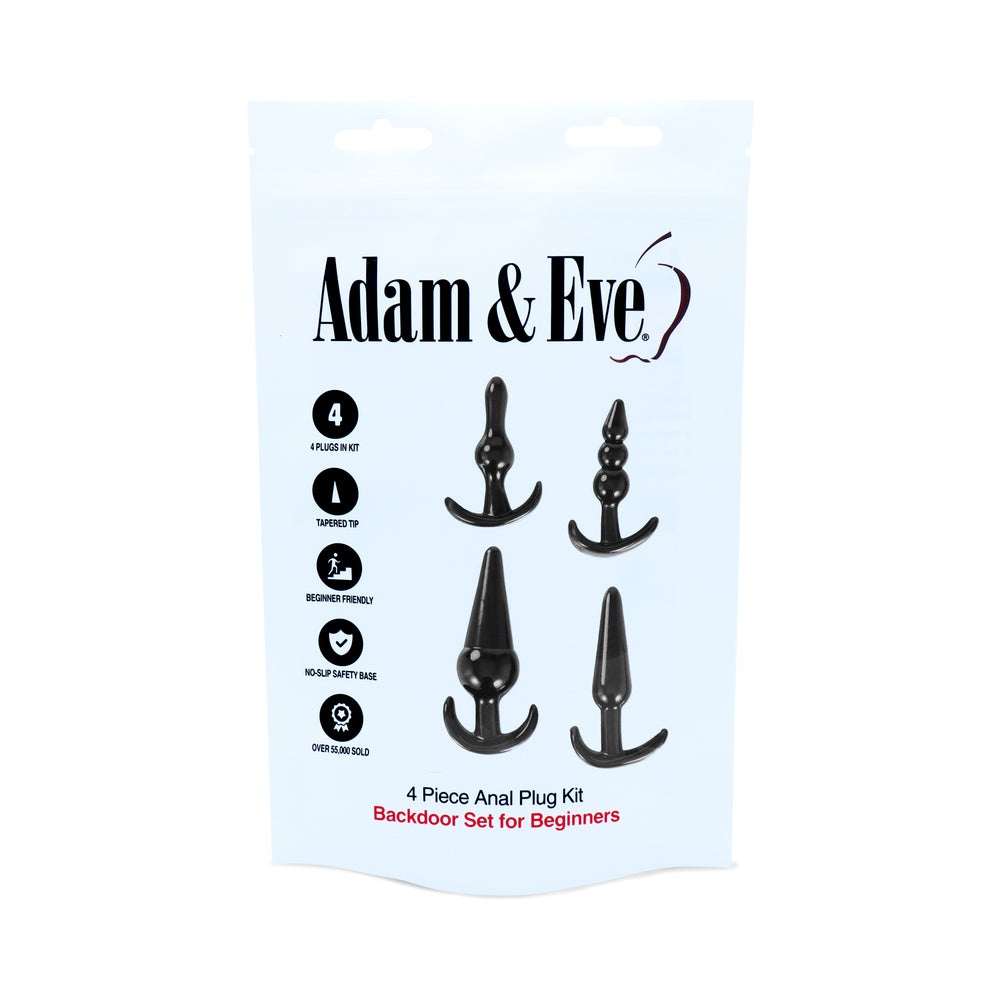 Adam & Eve 4-Piece Anal Plug Kit – Black – Includes Bubble, Ribbed, Smooth, and Ball Plugs