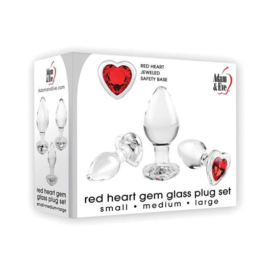 Adam & Eve Red Heart Gem Glass Plug Set – 3-Piece Anal Plug Set with Tapered Tips